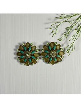 Clip On Floral Rhinestone Earrings Carolee Green Teal Cluster